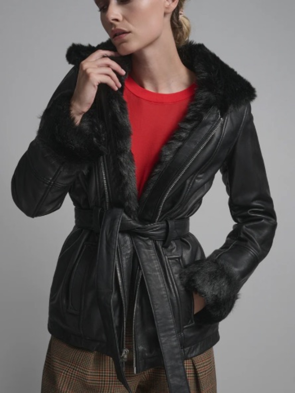Wilsons Leather Faux Fur Belted Trench Jacket with Asymmetrical Zip - Picture 3 of 16